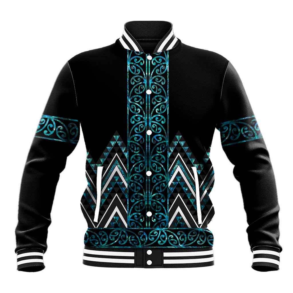 Paua Shell Aotearoa Mangopare Kowhaiwhai and Niho Taniwha Baseball Jacket Maori New Zealand LT14 Unisex Turquoise - Polynesian Pride