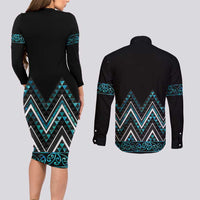 Paua Shell Aotearoa Mangopare Kowhaiwhai and Niho Taniwha Couples Matching Long Sleeve Bodycon Dress and Long Sleeve Button Shirt Maori New Zealand LT14 - Polynesian Pride