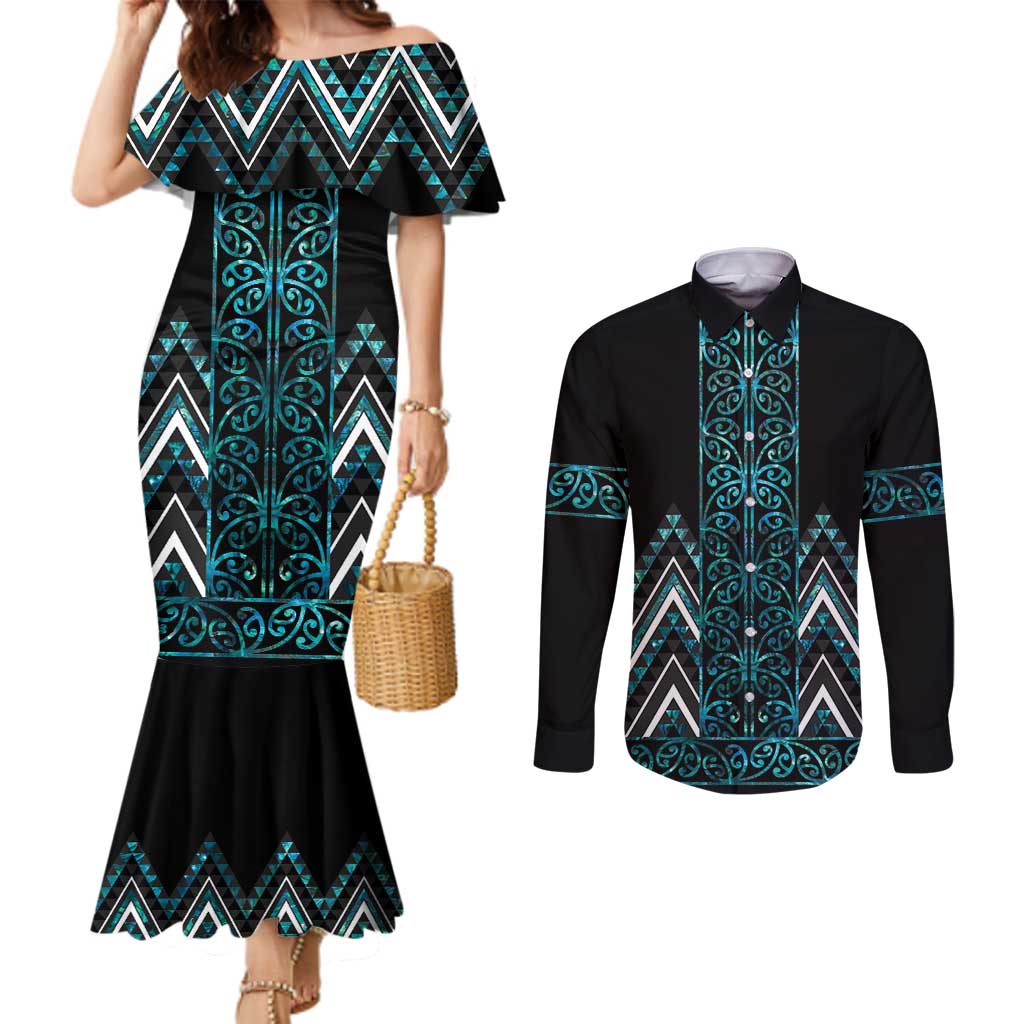 Paua Shell Aotearoa Mangopare Kowhaiwhai and Niho Taniwha Couples Matching Mermaid Dress and Long Sleeve Button Shirt Maori New Zealand LT14 Turquoise - Polynesian Pride