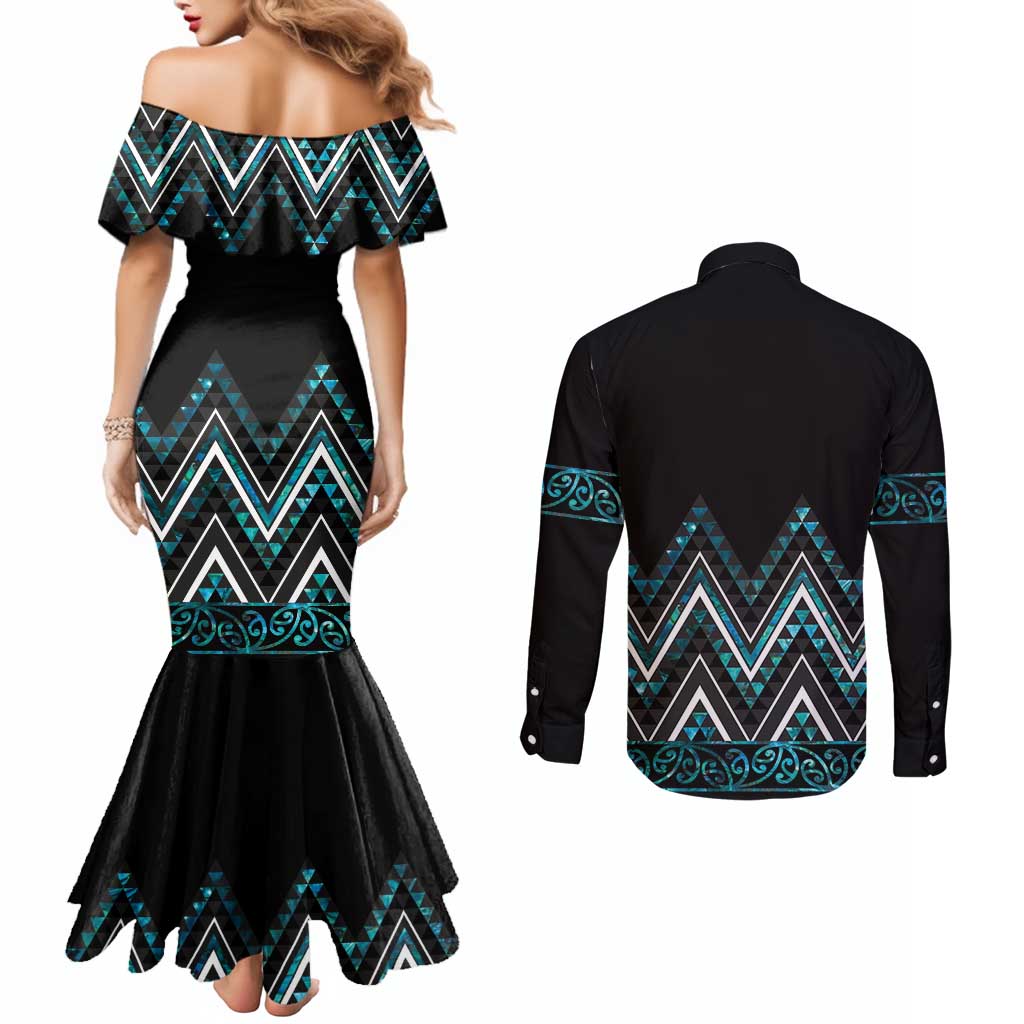 Paua Shell Aotearoa Mangopare Kowhaiwhai and Niho Taniwha Couples Matching Mermaid Dress and Long Sleeve Button Shirt Maori New Zealand LT14 - Polynesian Pride