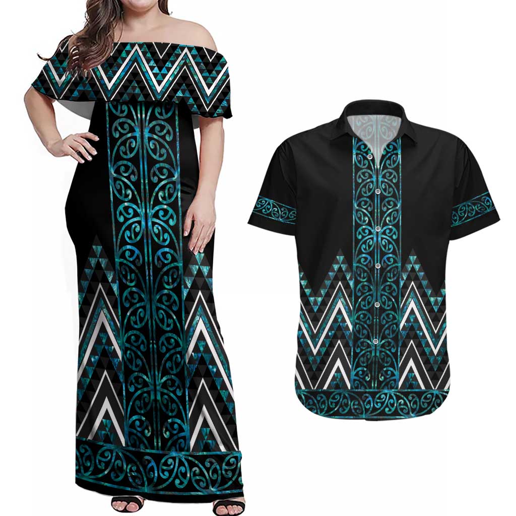 Paua Shell Aotearoa Mangopare Kowhaiwhai and Niho Taniwha Couples Matching Off Shoulder Maxi Dress and Hawaiian Shirt Maori New Zealand LT14 Turquoise - Polynesian Pride