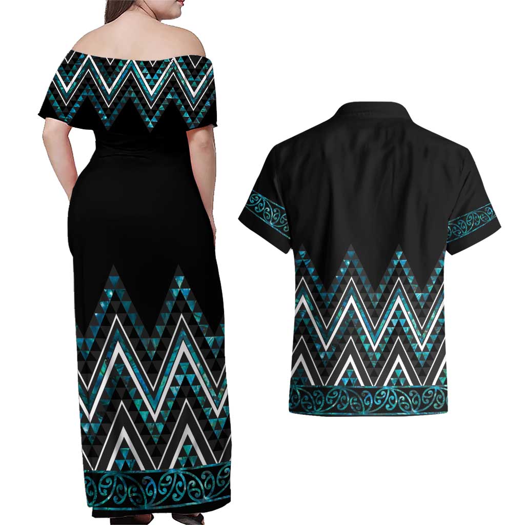 Paua Shell Aotearoa Mangopare Kowhaiwhai and Niho Taniwha Couples Matching Off Shoulder Maxi Dress and Hawaiian Shirt Maori New Zealand LT14 - Polynesian Pride