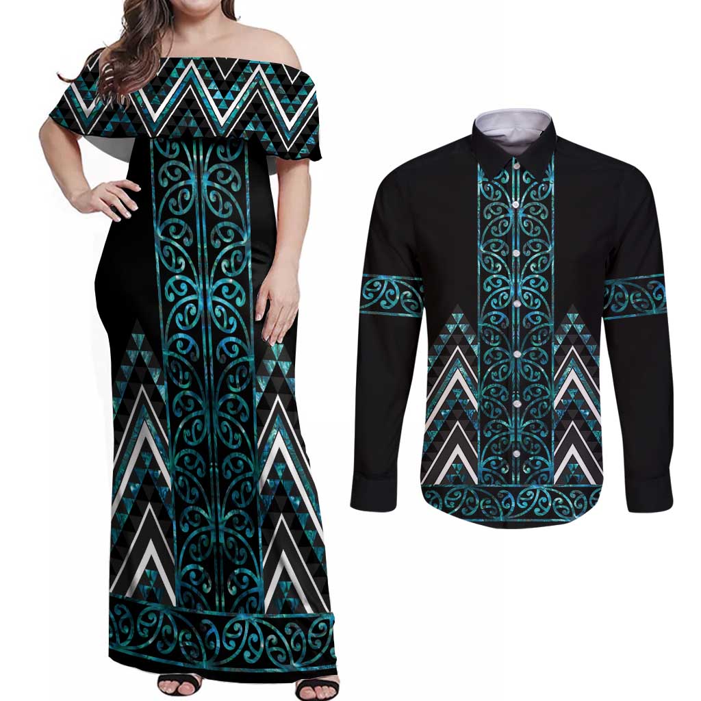 Paua Shell Aotearoa Mangopare Kowhaiwhai and Niho Taniwha Couples Matching Off Shoulder Maxi Dress and Long Sleeve Button Shirt Maori New Zealand LT14 Turquoise - Polynesian Pride