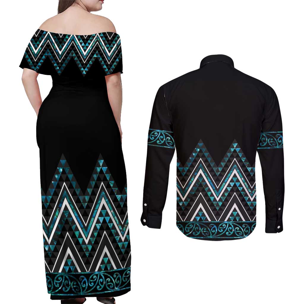 Paua Shell Aotearoa Mangopare Kowhaiwhai and Niho Taniwha Couples Matching Off Shoulder Maxi Dress and Long Sleeve Button Shirt Maori New Zealand LT14 - Polynesian Pride