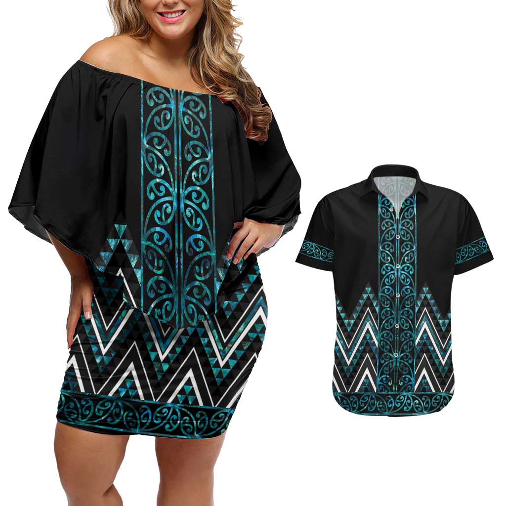 Paua Shell Aotearoa Mangopare Kowhaiwhai and Niho Taniwha Couples Matching Off Shoulder Short Dress and Hawaiian Shirt Maori New Zealand LT14 Turquoise - Polynesian Pride