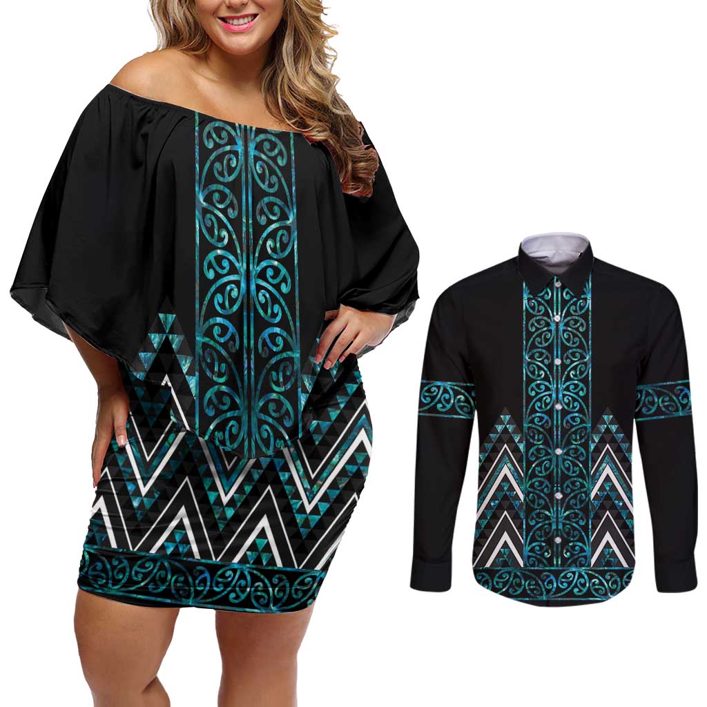 Paua Shell Aotearoa Mangopare Kowhaiwhai and Niho Taniwha Couples Matching Off Shoulder Short Dress and Long Sleeve Button Shirt Maori New Zealand LT14 Turquoise - Polynesian Pride