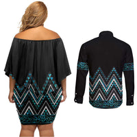 Paua Shell Aotearoa Mangopare Kowhaiwhai and Niho Taniwha Couples Matching Off Shoulder Short Dress and Long Sleeve Button Shirt Maori New Zealand LT14 - Polynesian Pride