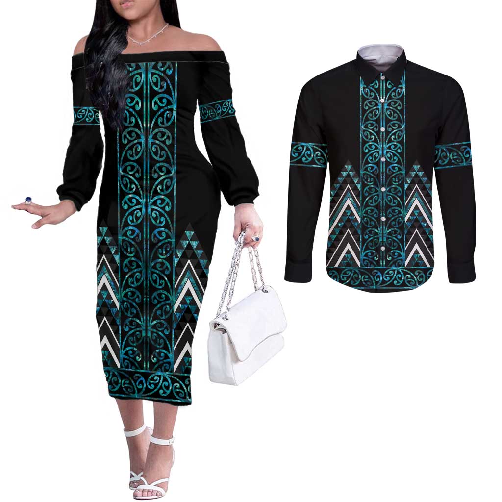 Paua Shell Aotearoa Mangopare Kowhaiwhai and Niho Taniwha Couples Matching Off The Shoulder Long Sleeve Dress and Long Sleeve Button Shirt Maori New Zealand LT14 Turquoise - Polynesian Pride