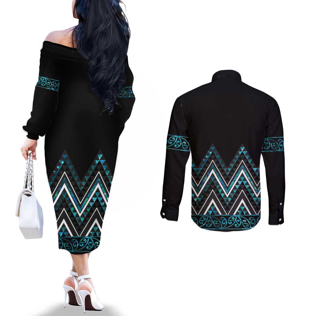 Paua Shell Aotearoa Mangopare Kowhaiwhai and Niho Taniwha Couples Matching Off The Shoulder Long Sleeve Dress and Long Sleeve Button Shirt Maori New Zealand LT14 - Polynesian Pride
