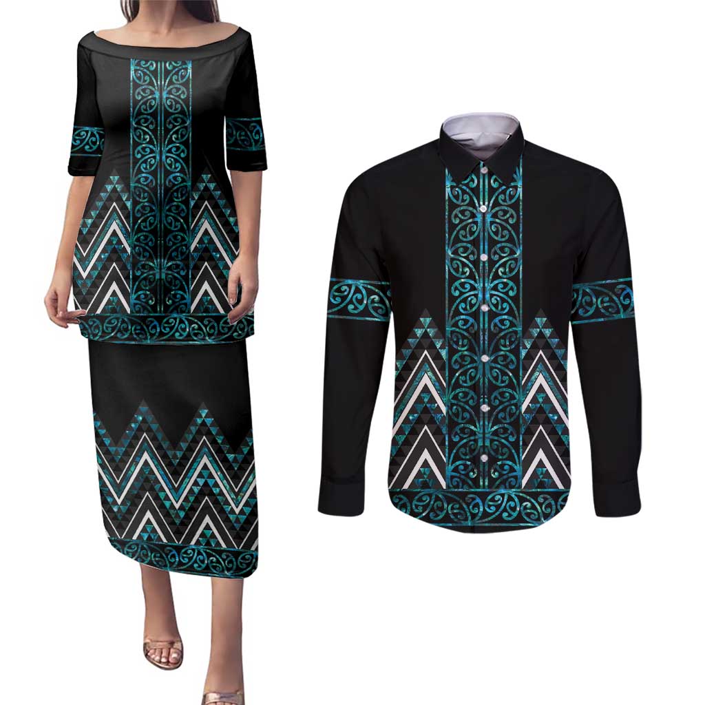 Paua Shell Aotearoa Mangopare Kowhaiwhai and Niho Taniwha Couples Matching Puletasi and Long Sleeve Button Shirt Maori New Zealand LT14 Turquoise - Polynesian Pride