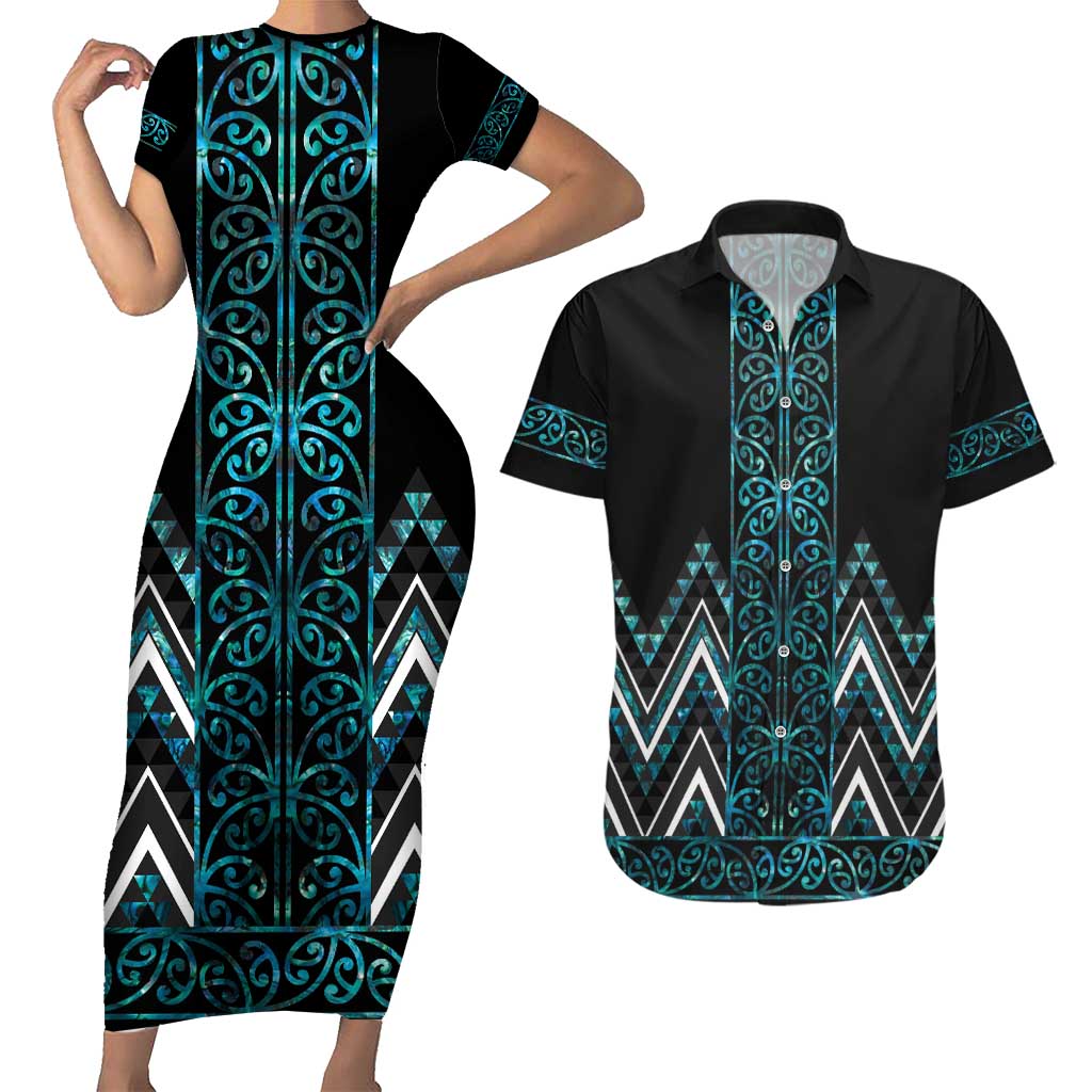 Paua Shell Aotearoa Mangopare Kowhaiwhai and Niho Taniwha Couples Matching Short Sleeve Bodycon Dress and Hawaiian Shirt Maori New Zealand LT14 Turquoise - Polynesian Pride