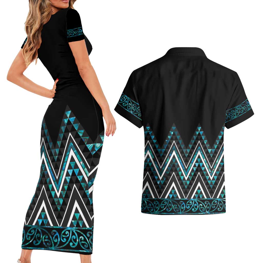 Paua Shell Aotearoa Mangopare Kowhaiwhai and Niho Taniwha Couples Matching Short Sleeve Bodycon Dress and Hawaiian Shirt Maori New Zealand LT14 - Polynesian Pride