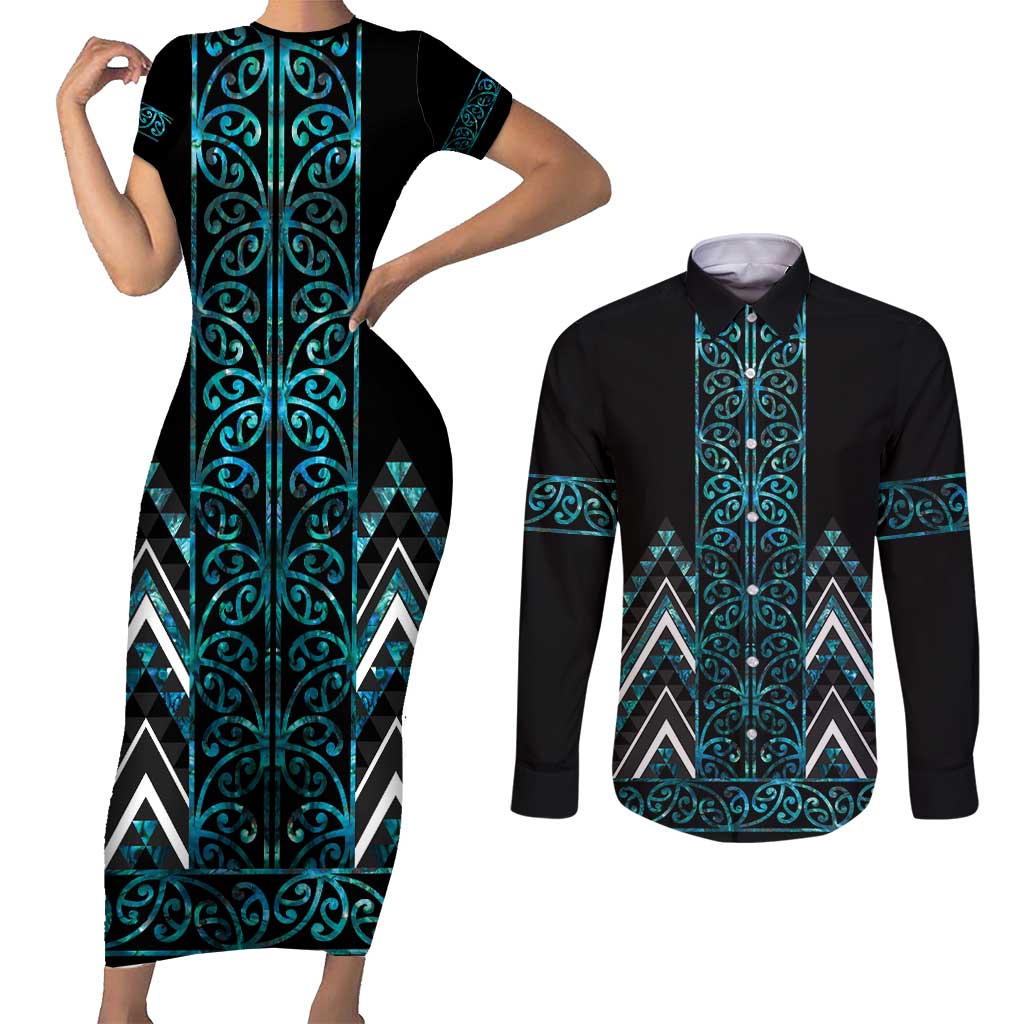 Paua Shell Aotearoa Mangopare Kowhaiwhai and Niho Taniwha Couples Matching Short Sleeve Bodycon Dress and Long Sleeve Button Shirt Maori New Zealand LT14 Turquoise - Polynesian Pride
