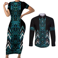 Paua Shell Aotearoa Mangopare Kowhaiwhai and Niho Taniwha Couples Matching Short Sleeve Bodycon Dress and Long Sleeve Button Shirt Maori New Zealand LT14 Turquoise - Polynesian Pride