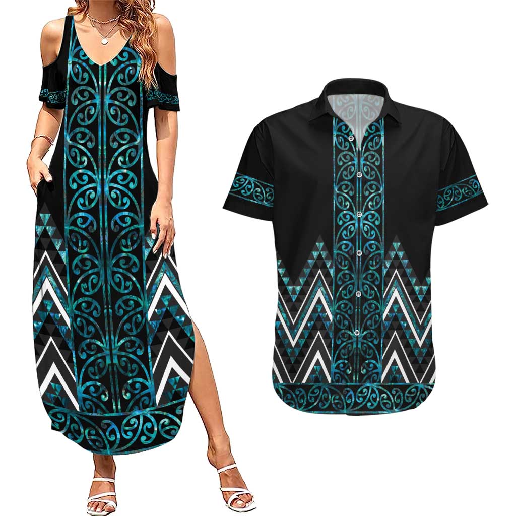 Paua Shell Aotearoa Mangopare Kowhaiwhai and Niho Taniwha Couples Matching Summer Maxi Dress and Hawaiian Shirt Maori New Zealand LT14 Turquoise - Polynesian Pride