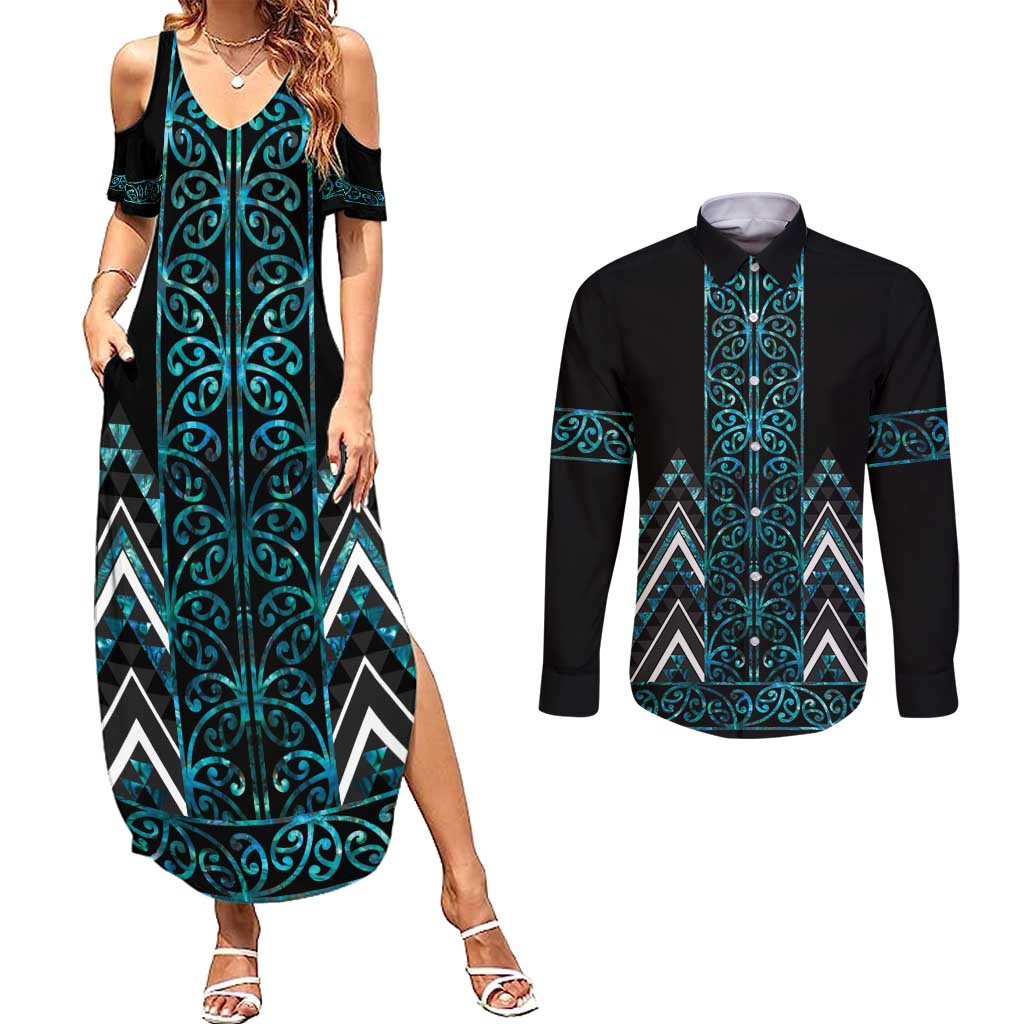 Paua Shell Aotearoa Mangopare Kowhaiwhai and Niho Taniwha Couples Matching Summer Maxi Dress and Long Sleeve Button Shirt Maori New Zealand LT14 Turquoise - Polynesian Pride