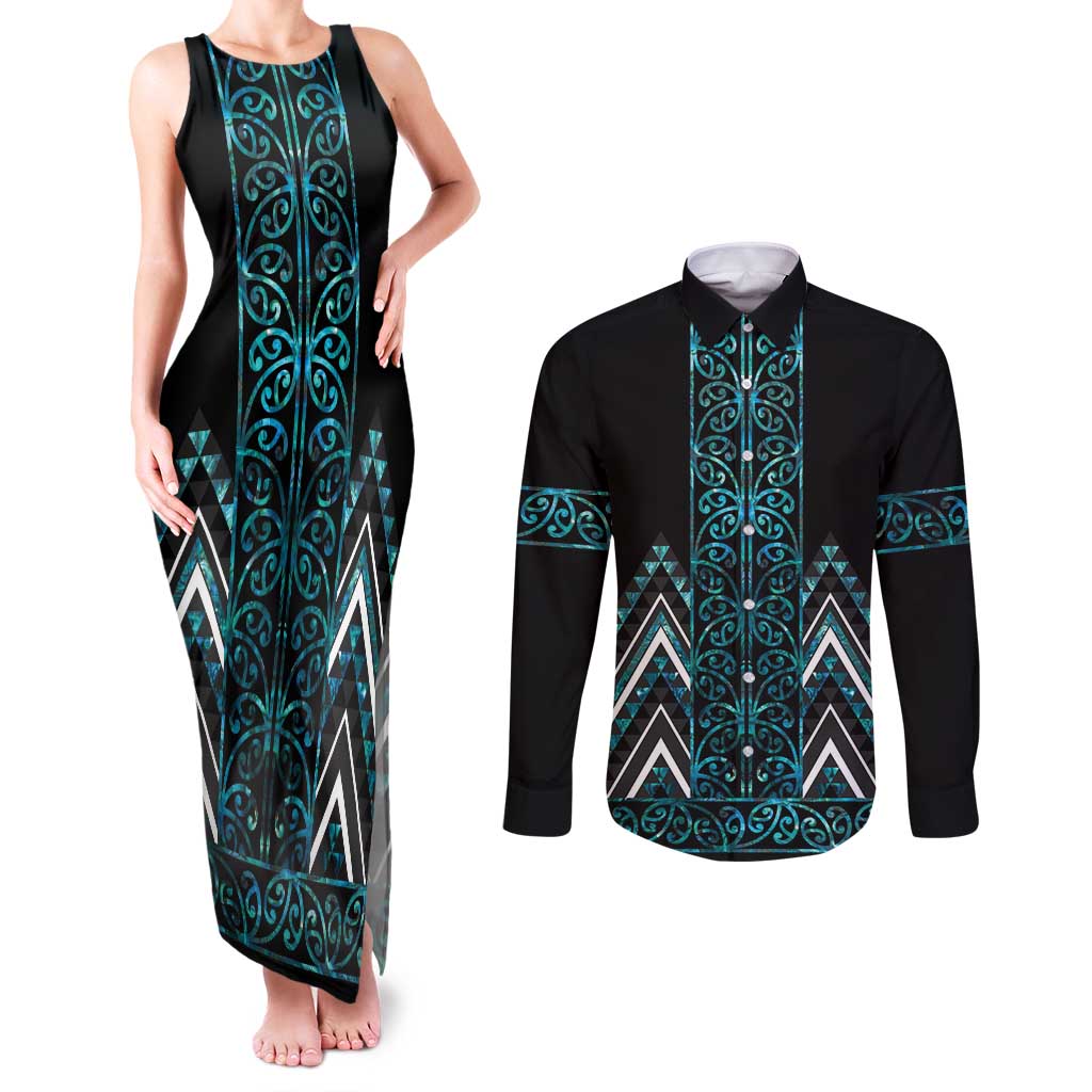 Paua Shell Aotearoa Mangopare Kowhaiwhai and Niho Taniwha Couples Matching Tank Maxi Dress and Long Sleeve Button Shirt Maori New Zealand LT14 Turquoise - Polynesian Pride
