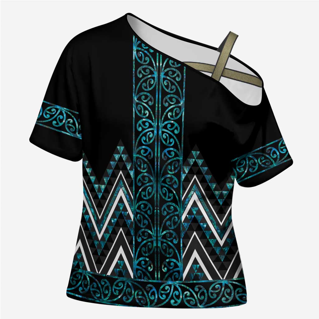Paua Shell Aotearoa Mangopare Kowhaiwhai Niho Taniwha Cross Shoulder Shirt Maori New Zealand LT14 Female Turquoise - Polynesian Pride