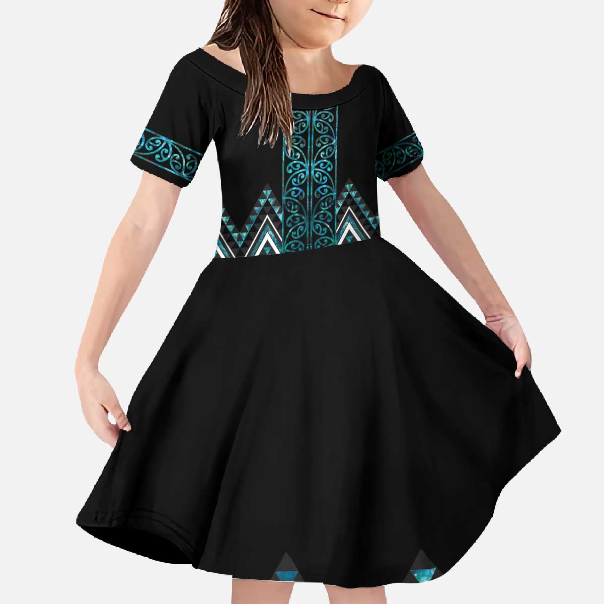 Paua Shell Aotearoa Mangopare Kowhaiwhai and Niho Taniwha Family Matching Off The Shoulder Long Sleeve Dress and Hawaiian Shirt Maori New Zealand LT14 Daughter's Dress Turquoise - Polynesian Pride