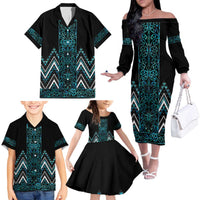 Paua Shell Aotearoa Mangopare Kowhaiwhai and Niho Taniwha Family Matching Off The Shoulder Long Sleeve Dress and Hawaiian Shirt Maori New Zealand LT14 - Polynesian Pride