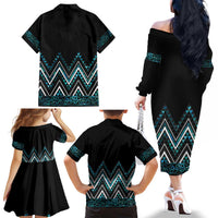 Paua Shell Aotearoa Mangopare Kowhaiwhai and Niho Taniwha Family Matching Off The Shoulder Long Sleeve Dress and Hawaiian Shirt Maori New Zealand LT14 - Polynesian Pride