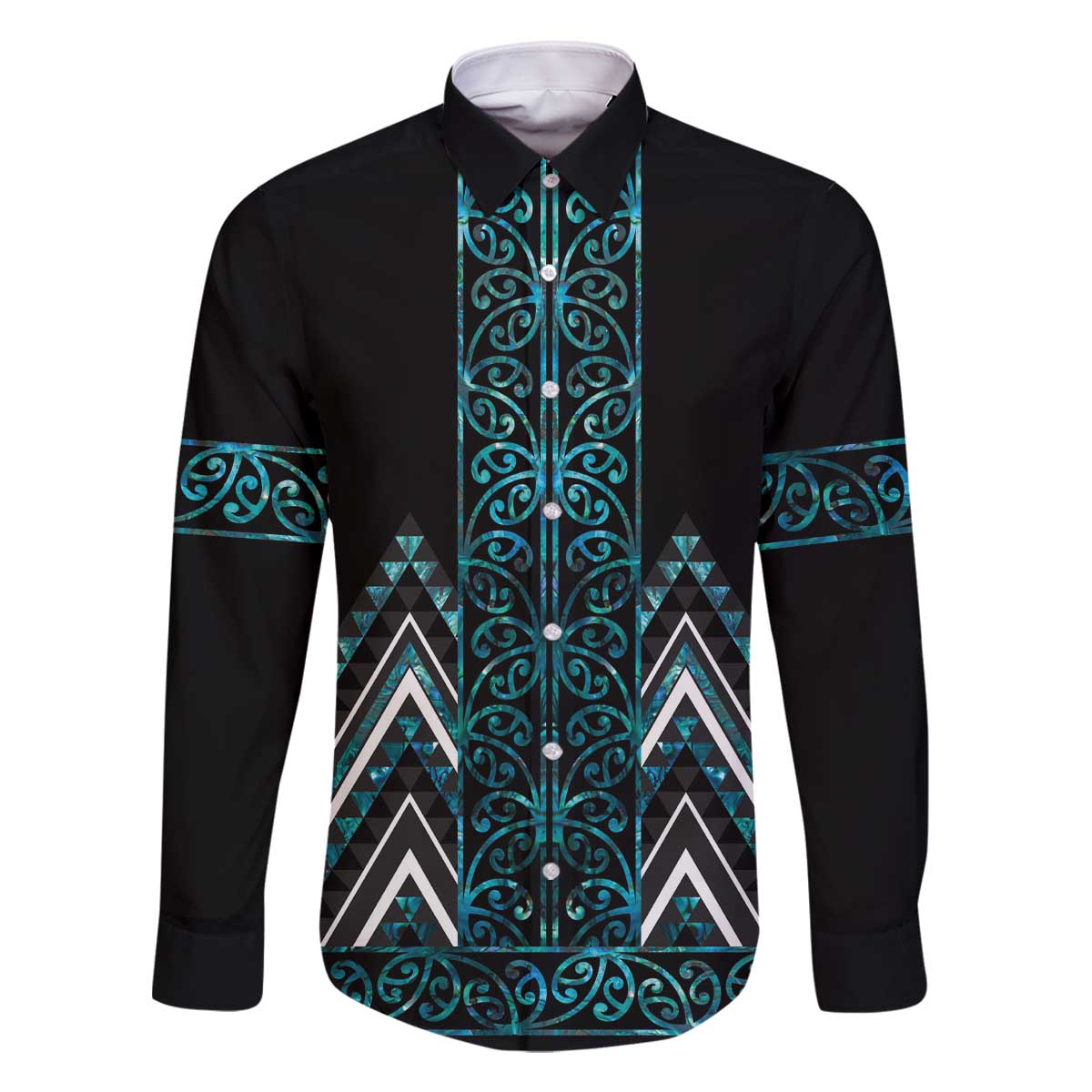 Paua Shell Aotearoa Mangopare Kowhaiwhai and Niho Taniwha Family Matching Off The Shoulder Long Sleeve Dress and Hawaiian Shirt Maori New Zealand LT14 Dad's Shirt - Long Sleeve Turquoise - Polynesian Pride