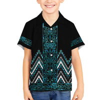 Paua Shell Aotearoa Mangopare Kowhaiwhai and Niho Taniwha Family Matching Off The Shoulder Long Sleeve Dress and Hawaiian Shirt Maori New Zealand LT14 Son's Shirt Turquoise - Polynesian Pride