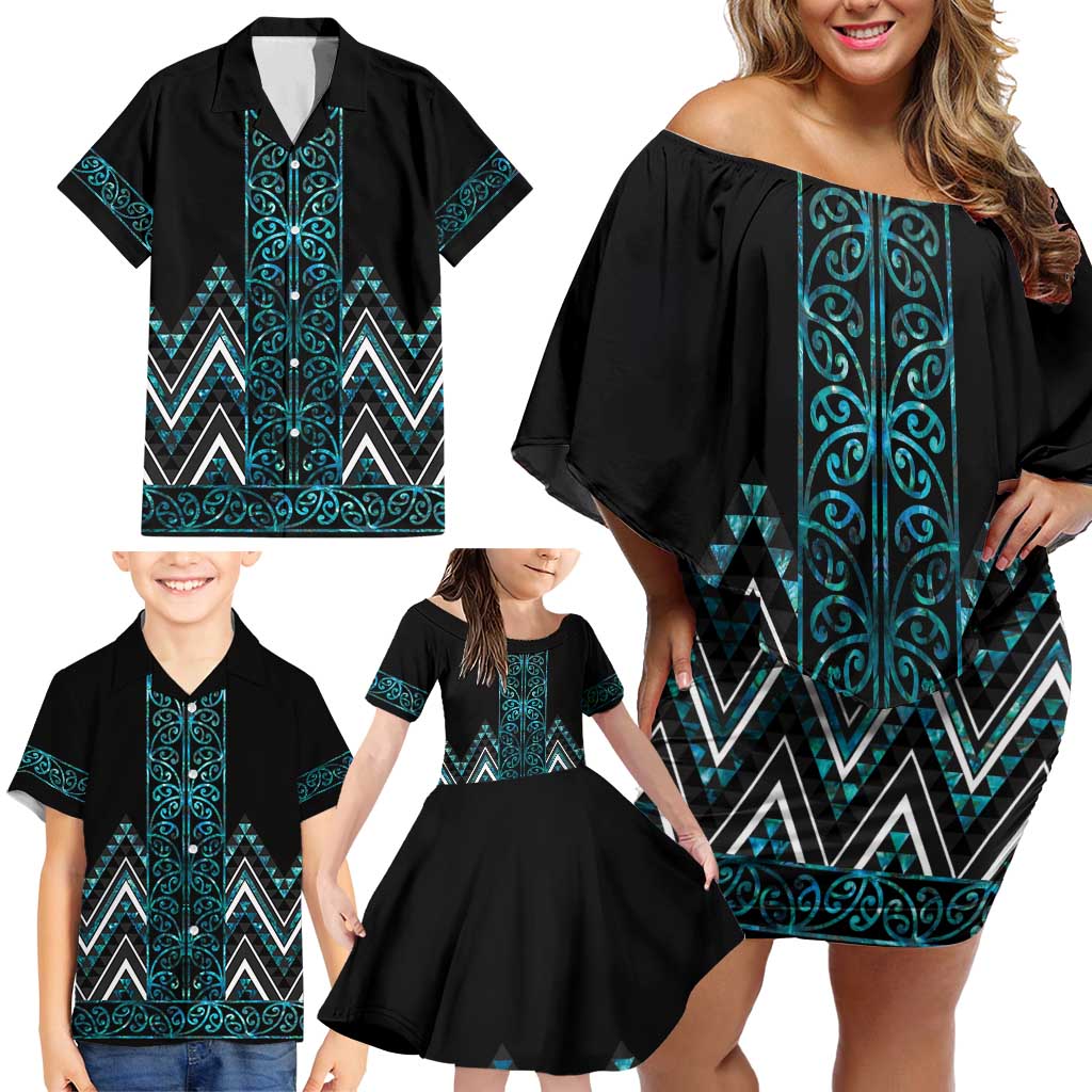 Paua Shell Aotearoa Mangopare Kowhaiwhai and Niho Taniwha Family Matching Off Shoulder Short Dress and Hawaiian Shirt Maori New Zealand LT14 - Polynesian Pride
