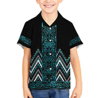 Paua Shell Aotearoa Mangopare Kowhaiwhai and Niho Taniwha Family Matching Off Shoulder Short Dress and Hawaiian Shirt Maori New Zealand LT14 Son's Shirt Turquoise - Polynesian Pride