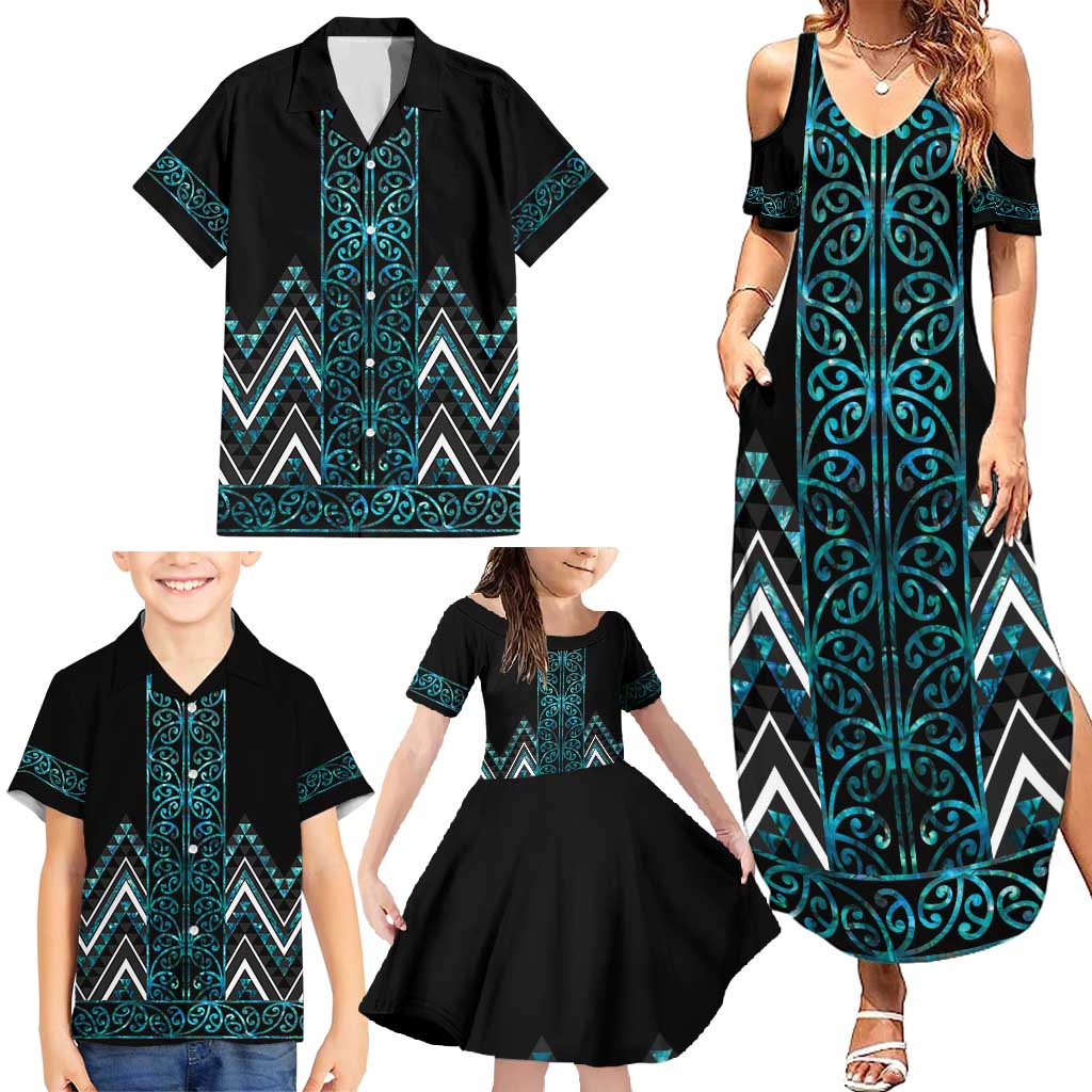 Paua Shell Aotearoa Mangopare Kowhaiwhai and Niho Taniwha Family Matching Summer Maxi Dress and Hawaiian Shirt Maori New Zealand