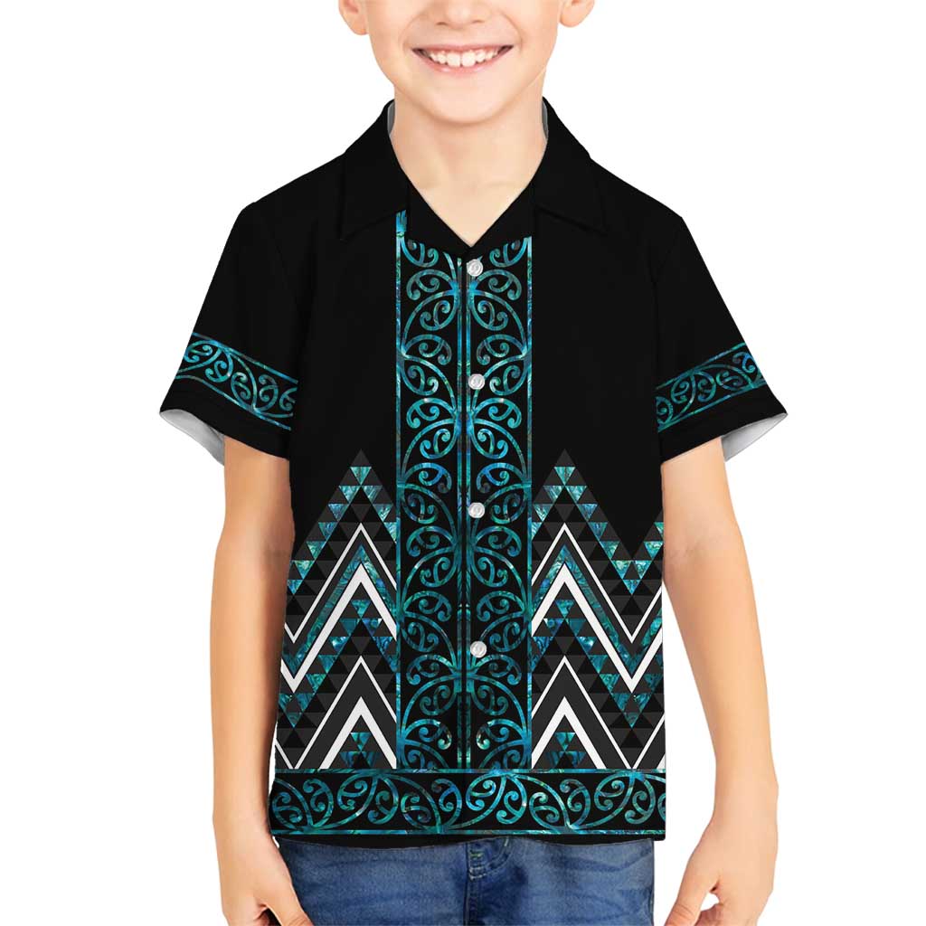 Paua Shell Aotearoa Mangopare Kowhaiwhai and Niho Taniwha Family Matching Summer Maxi Dress and Hawaiian Shirt Maori New Zealand LT14 Son's Shirt Turquoise - Polynesian Pride