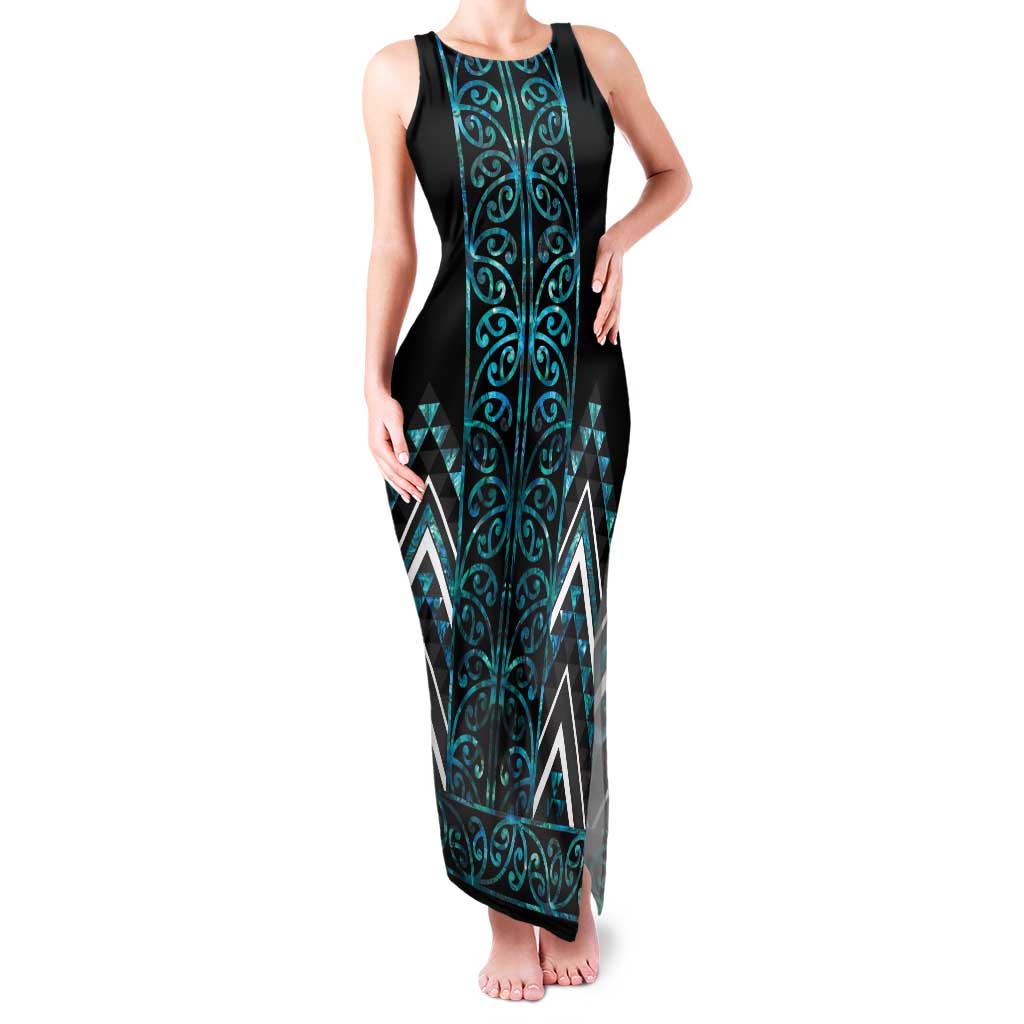 Paua Shell Aotearoa Mangopare Kowhaiwhai and Niho Taniwha Family Matching Tank Maxi Dress and Hawaiian Shirt Maori New Zealand LT14 Mom's Dress Turquoise - Polynesian Pride