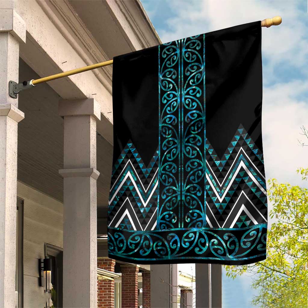 Paua Shell Aotearoa Mangopare Kowhaiwhai and Niho Taniwha Garden Flag Maori New Zealand LT14 House Flag Turquoise - Polynesian Pride