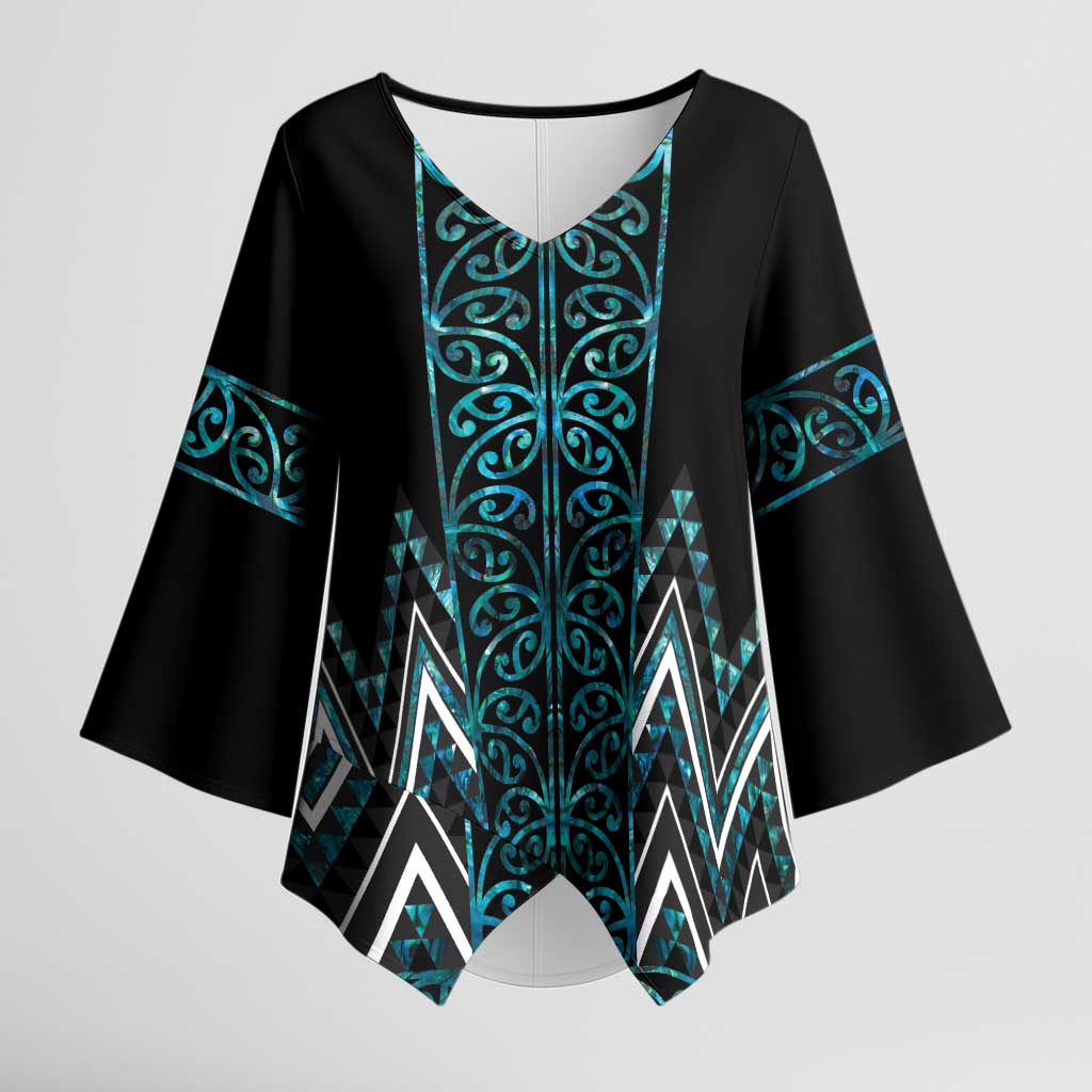 Paua Shell Aotearoa Mangopare Kowhaiwhai Niho Taniwha Kimono Sleeve Blouse Maori New Zealand LT14 Female Turquoise - Polynesian Pride