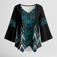 Paua Shell Aotearoa Mangopare Kowhaiwhai Niho Taniwha Kimono Sleeve Blouse Maori New Zealand LT14 Female Turquoise - Polynesian Pride