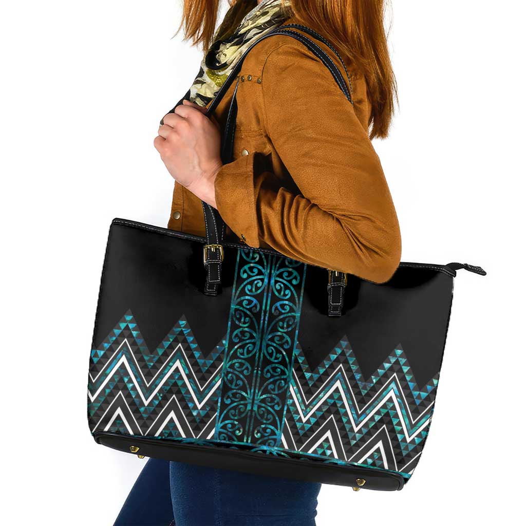 Paua Shell Aotearoa Mangopare Kowhaiwhai and Niho Taniwha Leather Tote Bag Maori New Zealand LT14 Turquoise - Polynesian Pride