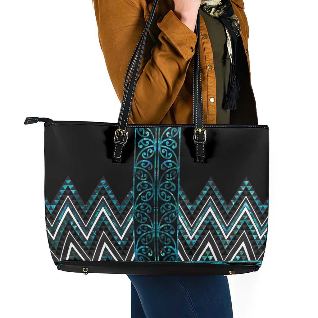 Paua Shell Aotearoa Mangopare Kowhaiwhai and Niho Taniwha Leather Tote Bag Maori New Zealand LT14 - Polynesian Pride