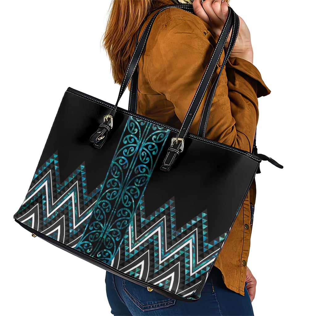Paua Shell Aotearoa Mangopare Kowhaiwhai and Niho Taniwha Leather Tote Bag Maori New Zealand LT14 - Polynesian Pride