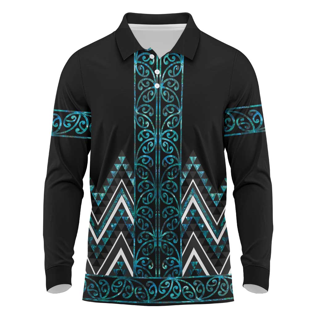 Paua Shell Aotearoa Mangopare Kowhaiwhai and Niho Taniwha Long Sleeve Polo Shirt Maori New Zealand LT14 Turquoise - Polynesian Pride