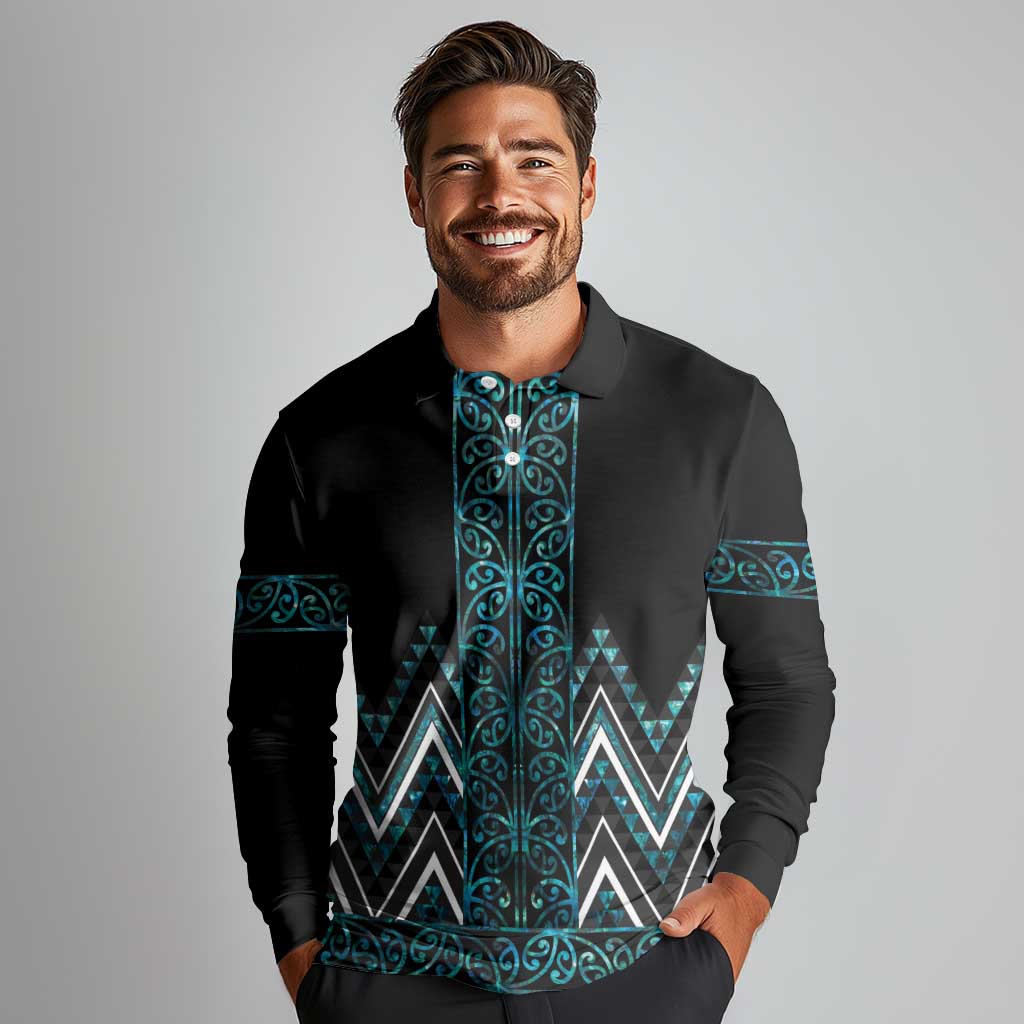 Paua Shell Aotearoa Mangopare Kowhaiwhai and Niho Taniwha Long Sleeve Polo Shirt Maori New Zealand LT14 - Polynesian Pride