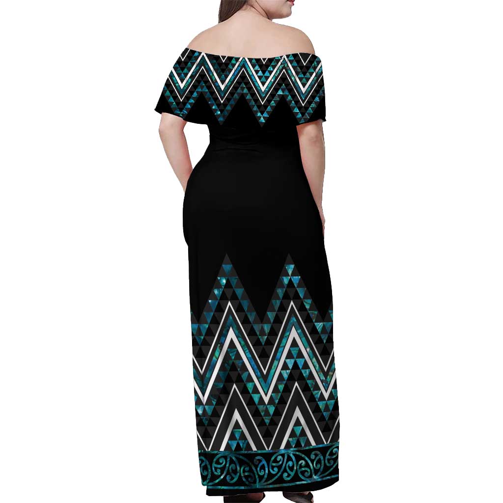 Paua Shell Aotearoa Mangopare Kowhaiwhai and Niho Taniwha Off Shoulder Maxi Dress Maori New Zealand LT14 - Polynesian Pride