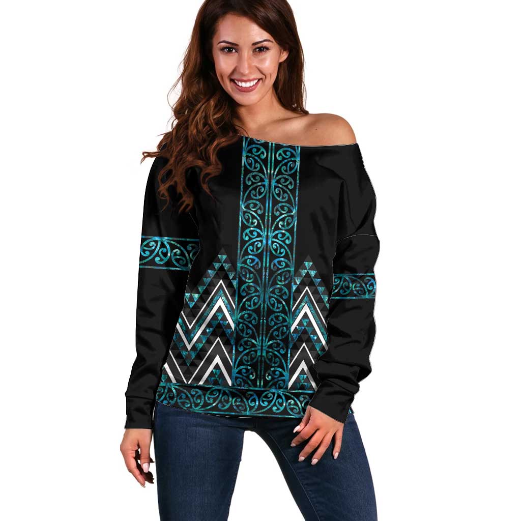 Paua Shell Aotearoa Mangopare Kowhaiwhai and Niho Taniwha Off Shoulder Sweater Maori New Zealand LT14 Women Turquoise - Polynesian Pride