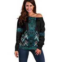 Paua Shell Aotearoa Mangopare Kowhaiwhai and Niho Taniwha Off Shoulder Sweater Maori New Zealand LT14 Women Turquoise - Polynesian Pride