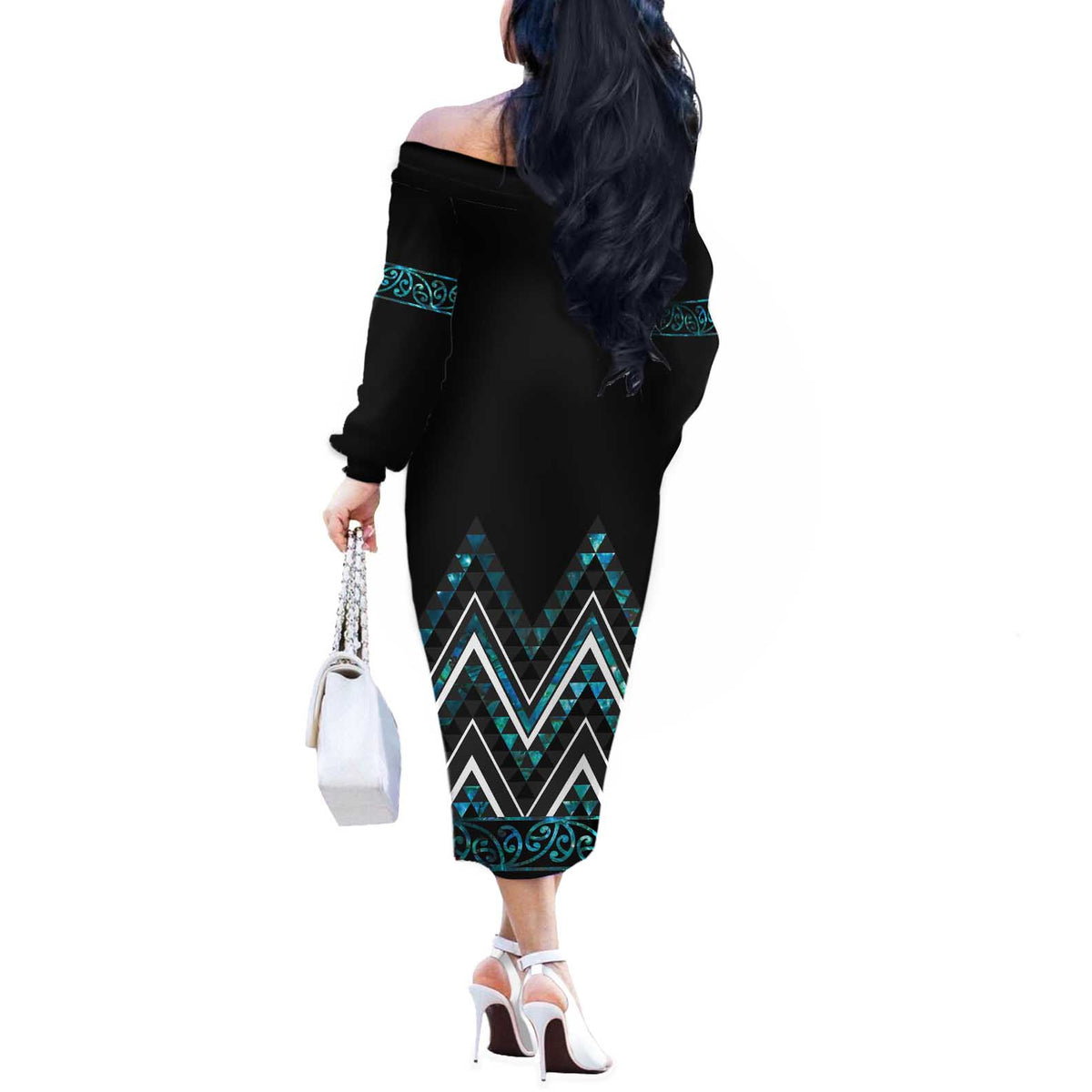Paua Shell Aotearoa Mangopare Kowhaiwhai and Niho Taniwha Off The Shoulder Long Sleeve Dress Maori New Zealand LT14 - Polynesian Pride