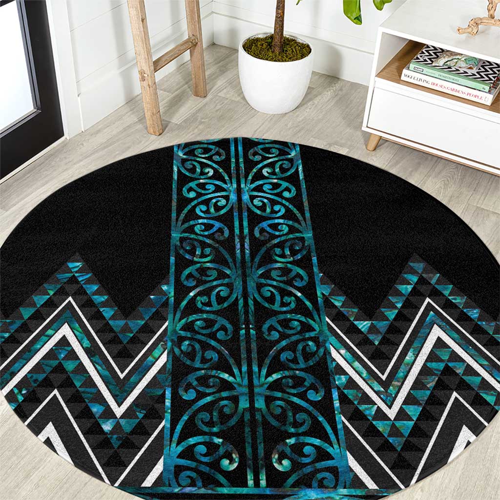 Paua Shell Aotearoa Mangopare Kowhaiwhai and Niho Taniwha Round Carpet Maori New Zealand LT14 Turquoise - Polynesian Pride