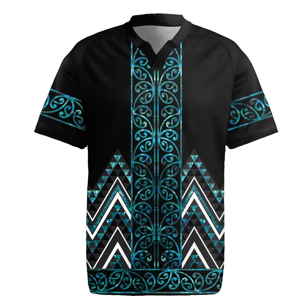 Paua Shell Aotearoa Mangopare Kowhaiwhai and Niho Taniwha Rugby Jersey Maori New Zealand LT14 Turquoise - Polynesian Pride