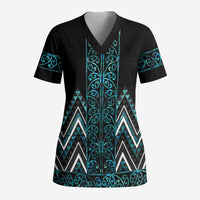 Paua Shell Aotearoa Mangopare Kowhaiwhai and Niho Taniwha Scrub Top Maori New Zealand LT14 Adult Turquoise - Polynesian Pride
