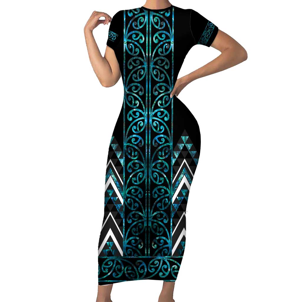 Paua Shell Aotearoa Mangopare Kowhaiwhai and Niho Taniwha Short Sleeve Bodycon Dress Maori New Zealand LT14 Long Dress Turquoise - Polynesian Pride