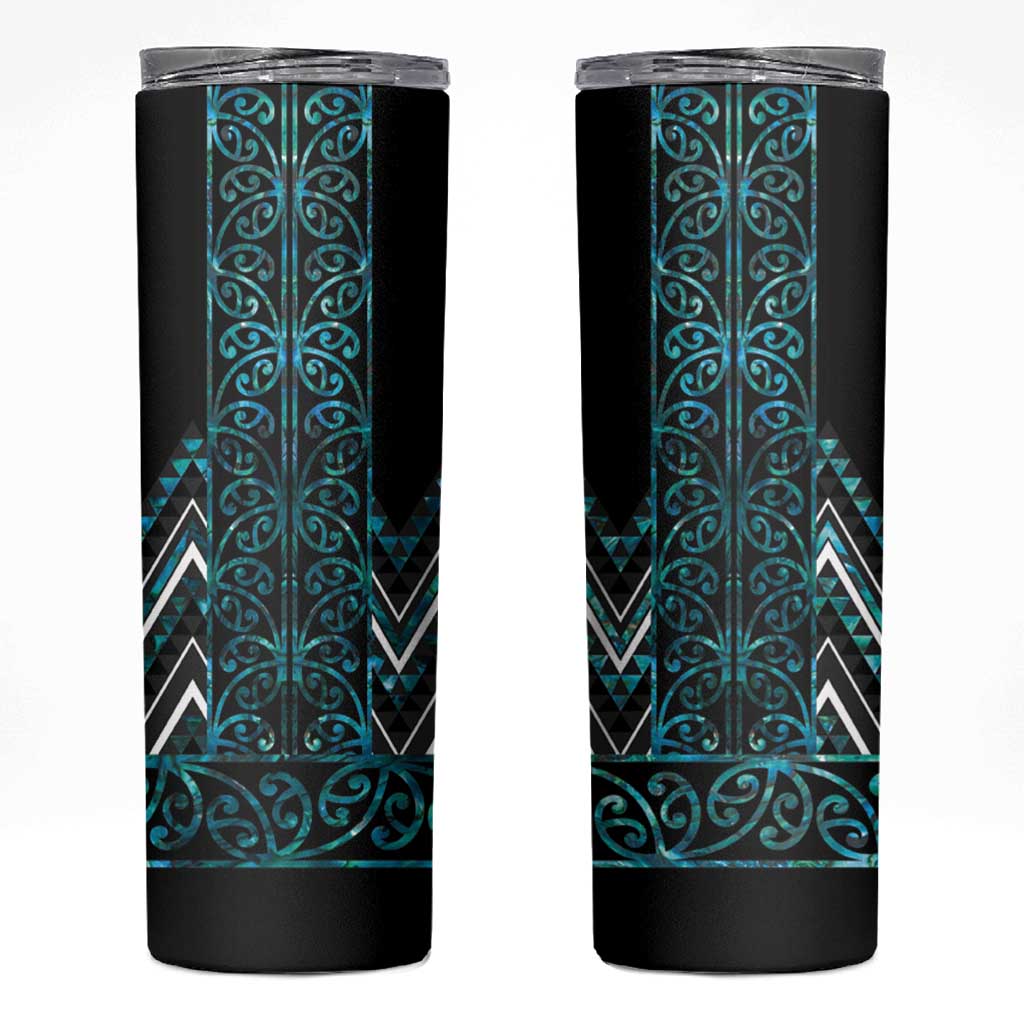 Paua Shell Aotearoa Mangopare Kowhaiwhai and Niho Taniwha Skinny Tumbler Maori New Zealand LT14 Turquoise - Polynesian Pride