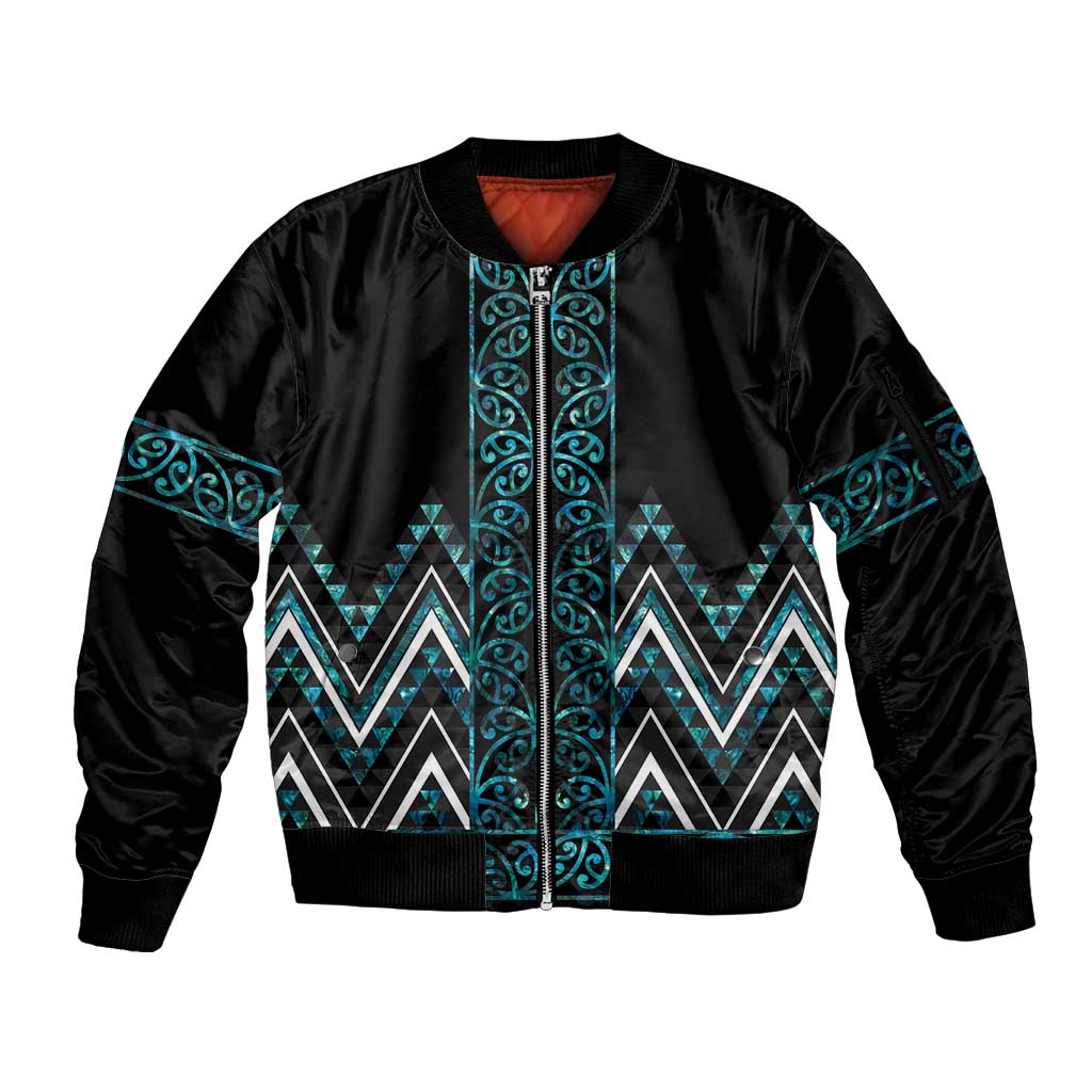 Paua Shell Aotearoa Mangopare Kowhaiwhai and Niho Taniwha Sleeve Zip Bomber Jacket Maori New Zealand LT14 Unisex Turquoise - Polynesian Pride
